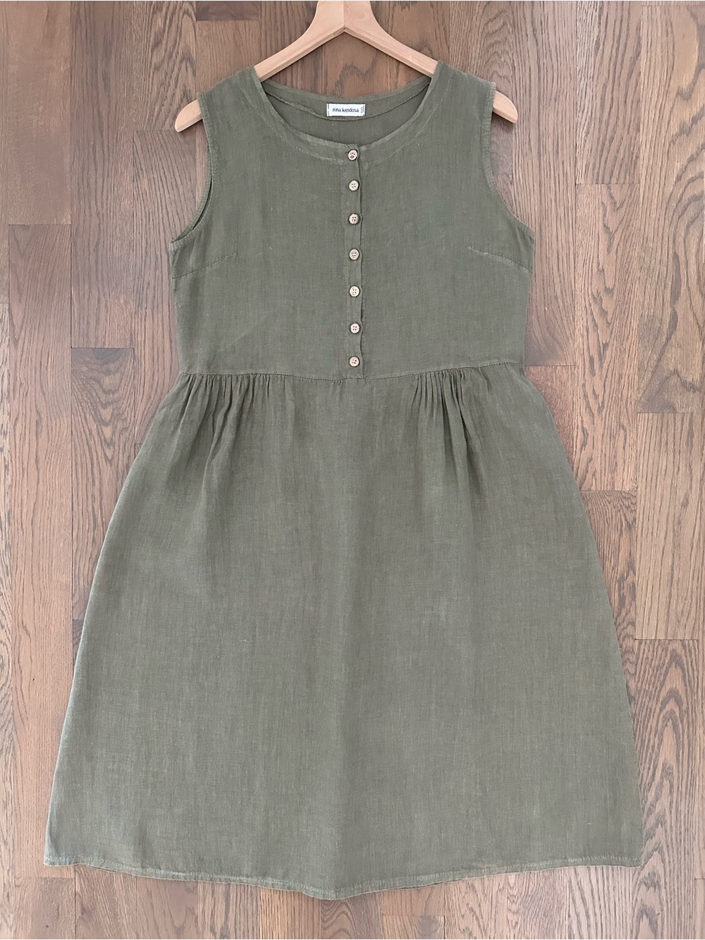 Nina Kendosa Paris Round Neck Linen Sleevless Midi Dress Olive Green Medium